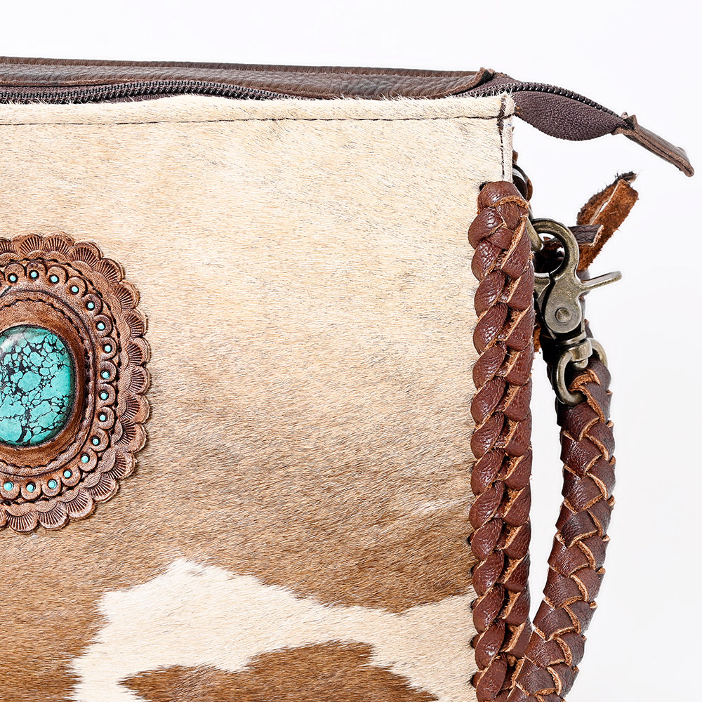 ADBGM335 Hair-On Cowhide Crossbody Bag with Turquoise Concho & Braided Strap - Western Handmade Purse