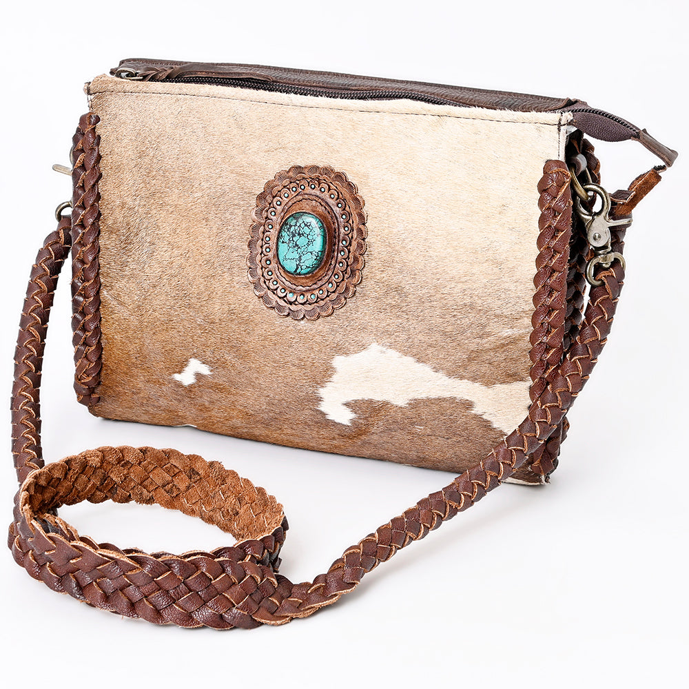 ADBGM335 Hair-On Cowhide Crossbody Bag with Turquoise Concho & Braided Strap - Western Handmade Purse