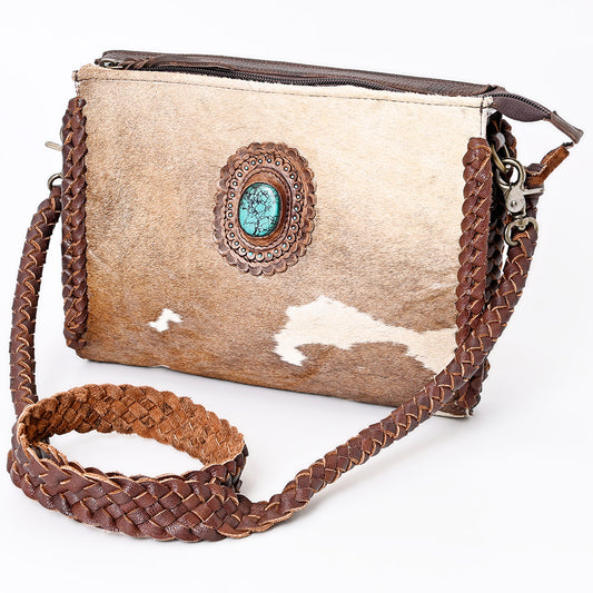 ADBGM335 Hair-On Cowhide Crossbody Bag with Turquoise Concho & Braided Strap - Western Handmade Purse