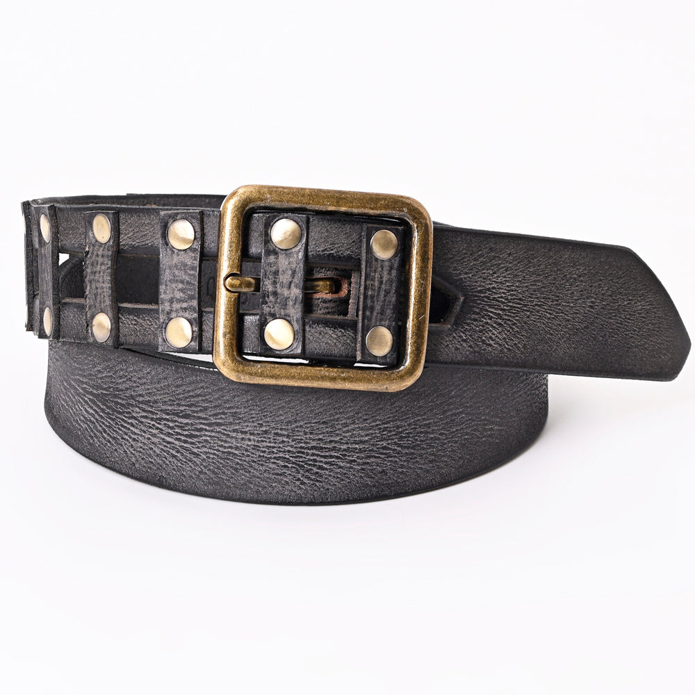 LC-ADBLF201 Black Vintage Leather Belt with Studded Cage Design and Antique Brass Buckle