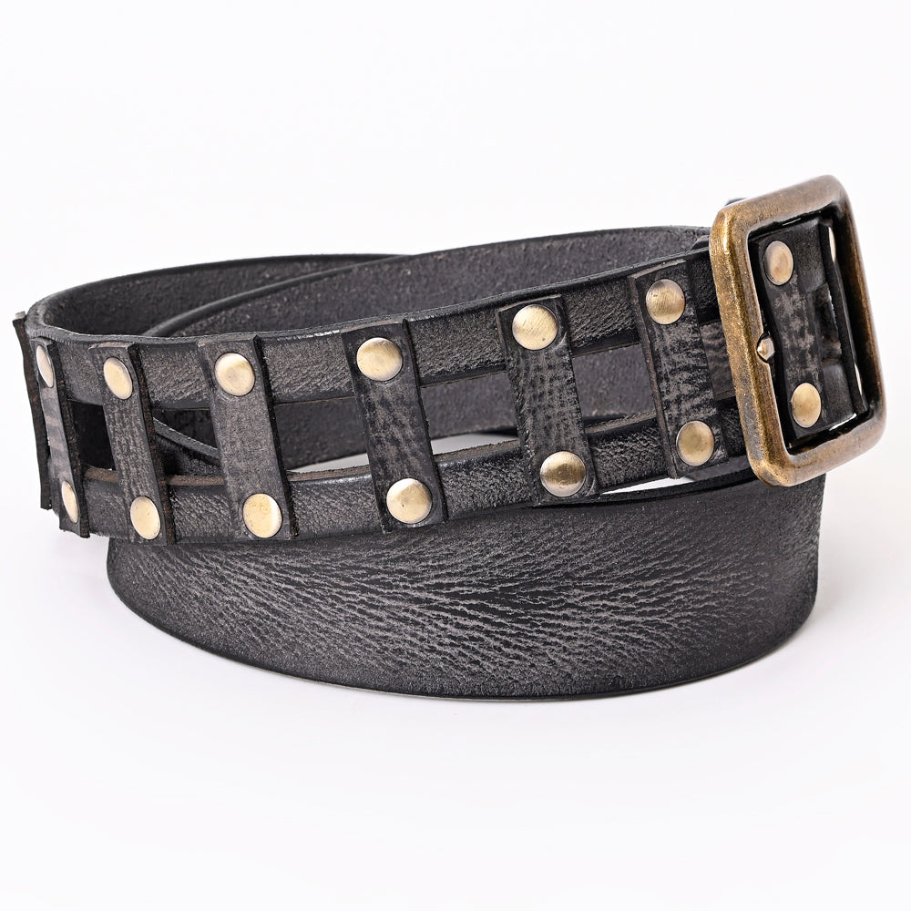 LC-ADBLF201 Black Vintage Leather Belt with Studded Cage Design and Antique Brass Buckle