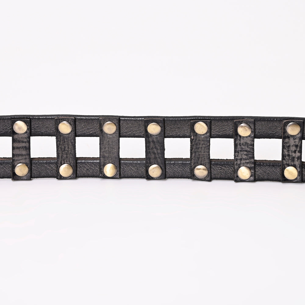 LC-ADBLF201 Black Vintage Leather Belt with Studded Cage Design and Antique Brass Buckle