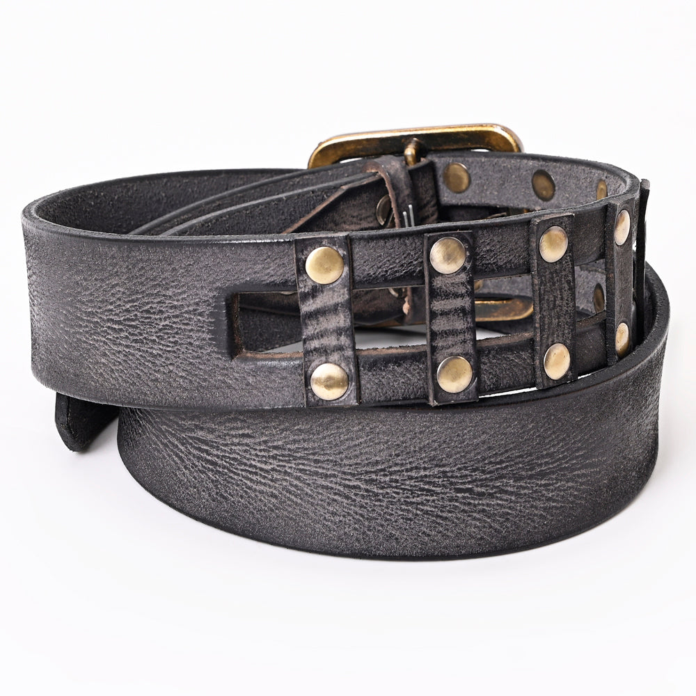 LC-ADBLF201 Black Vintage Leather Belt with Studded Cage Design and Antique Brass Buckle