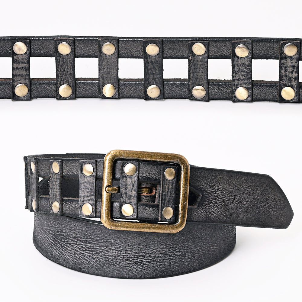 LC-ADBLF201 Black Vintage Leather Belt with Studded Cage Design and Antique Brass Buckle