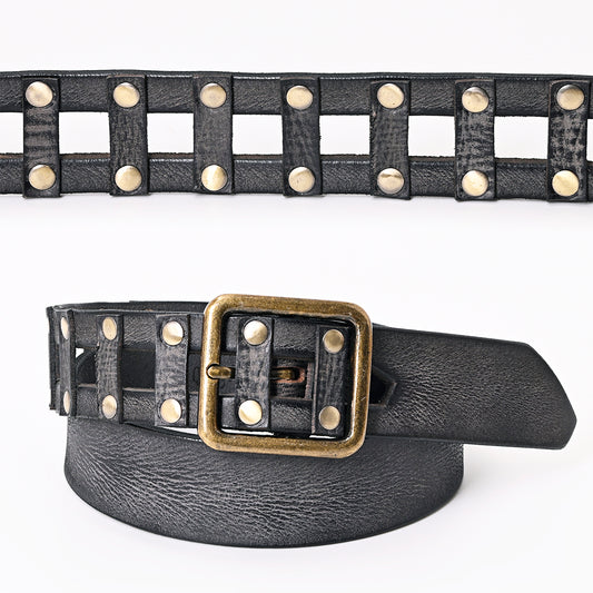 LC-ADBLF201 Black Vintage Leather Belt with Studded Cage Design and Antique Brass Buckle