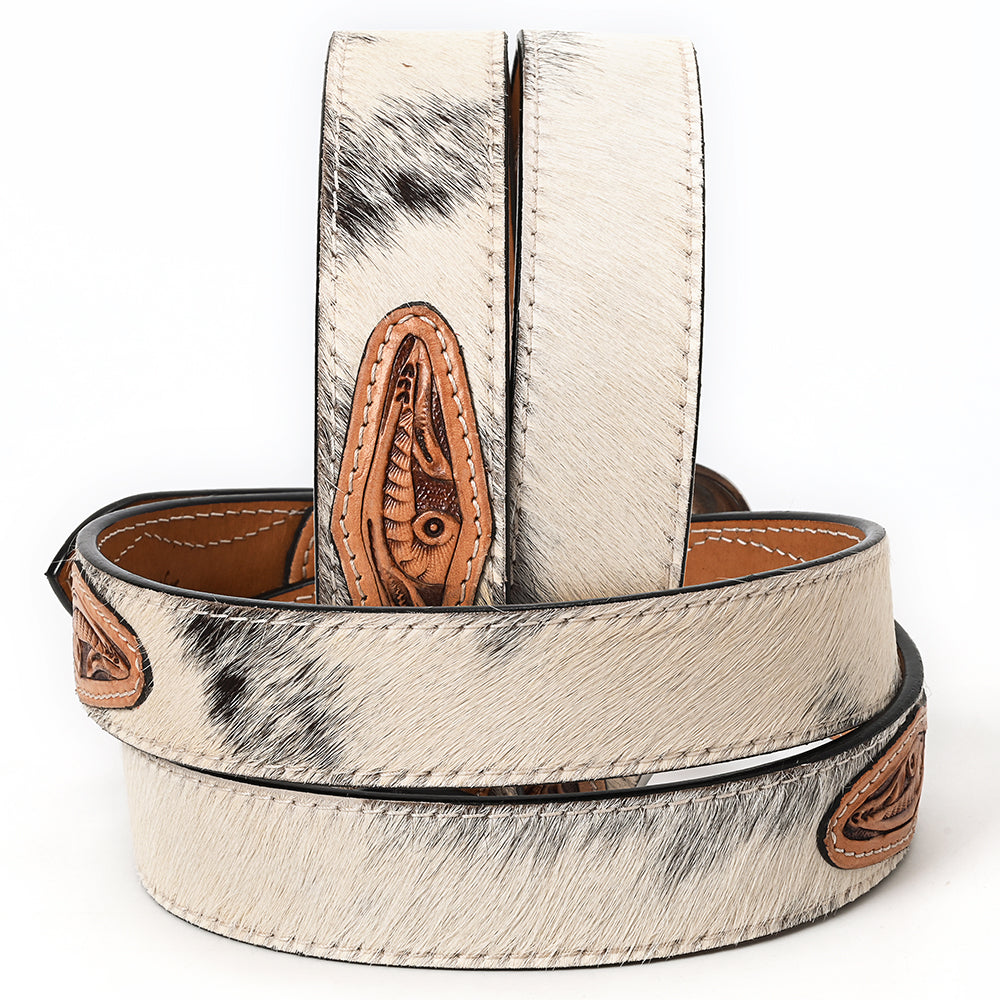 ADBLF202 White Hair-On Cowhide Belt with Floral Tooled Leather Inlays and Western Buckle