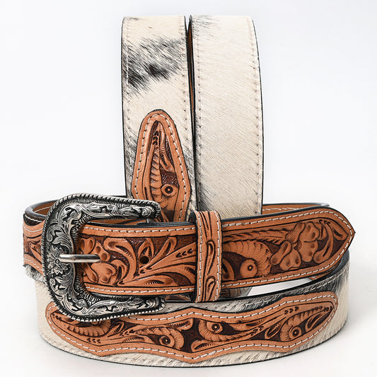 ADBLF202 White Hair-On Cowhide Belt with Floral Tooled Leather Inlays and Western Buckle