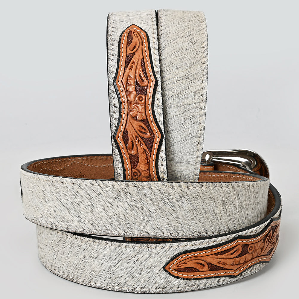 ADBLF203 White Hair-On Cowhide Belt with Classic Floral Tooled Leather and Silver Western Buckle
