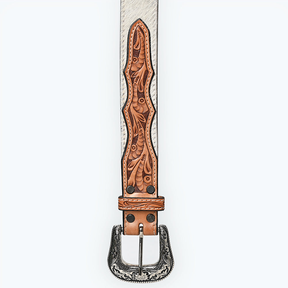ADBLF203 White Hair-On Cowhide Belt with Classic Floral Tooled Leather and Silver Western Buckle