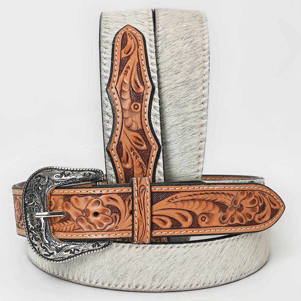 ADBLF203 White Hair-On Cowhide Belt with Classic Floral Tooled Leather and Silver Western Buckle