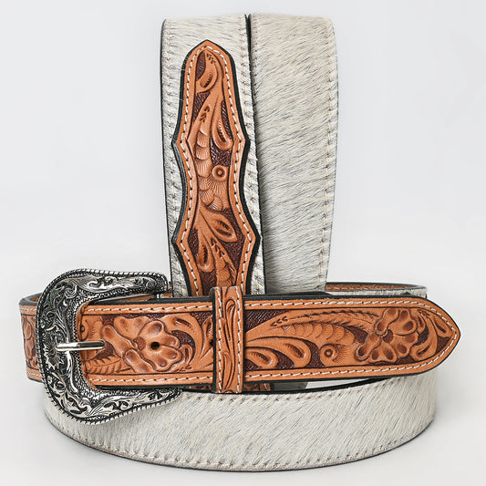 ADBLF203 White Hair-On Cowhide Belt with Classic Floral Tooled Leather and Silver Western Buckle