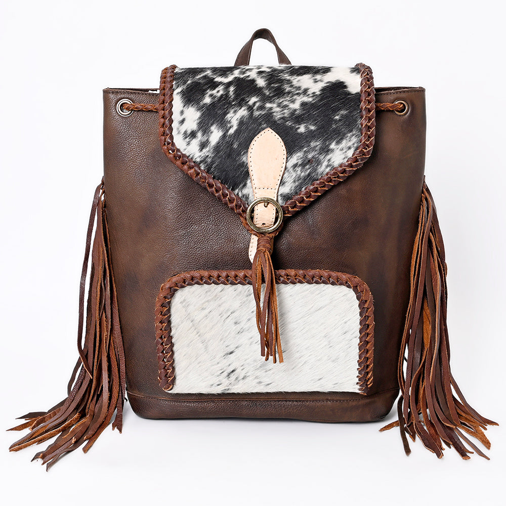 LC-ADBGM275B Cowhide Western Leather Backpack - Braided Trim, Fringe & Buckle Flap