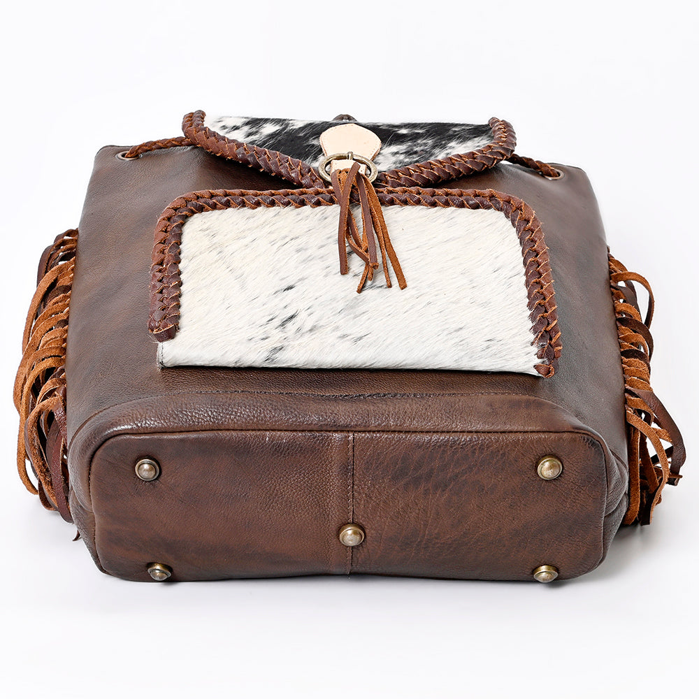 LC-ADBGM275B Cowhide Western Leather Backpack - Braided Trim, Fringe & Buckle Flap