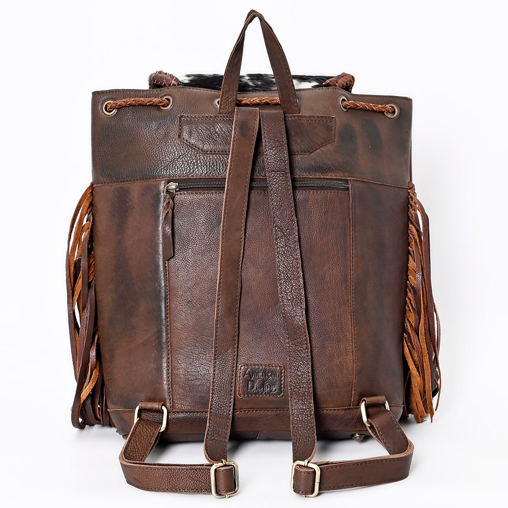 LC-ADBGM275B Cowhide Western Leather Backpack - Braided Trim, Fringe & Buckle Flap