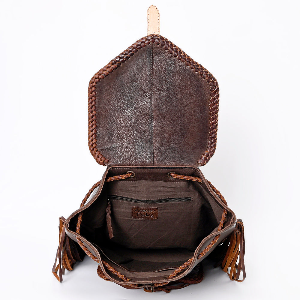 LC-ADBGM275B Cowhide Western Leather Backpack - Braided Trim, Fringe & Buckle Flap