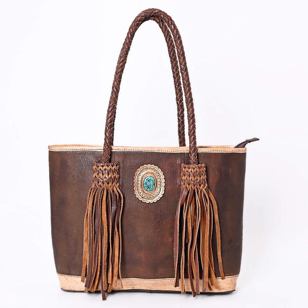 ADBGM315 Western Leather Tote Bag - Braided Handles, Fringe Accents & Turquoise Concho