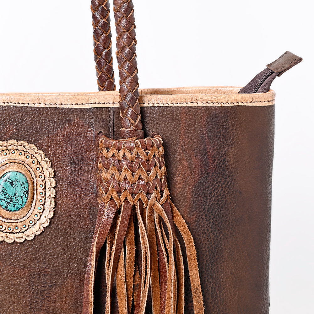ADBGM315 Western Leather Tote Bag - Braided Handles, Fringe Accents & Turquoise Concho