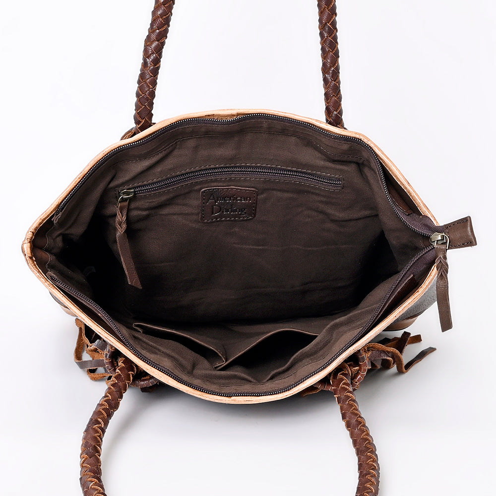 ADBGM315 Western Leather Tote Bag - Braided Handles, Fringe Accents & Turquoise Concho