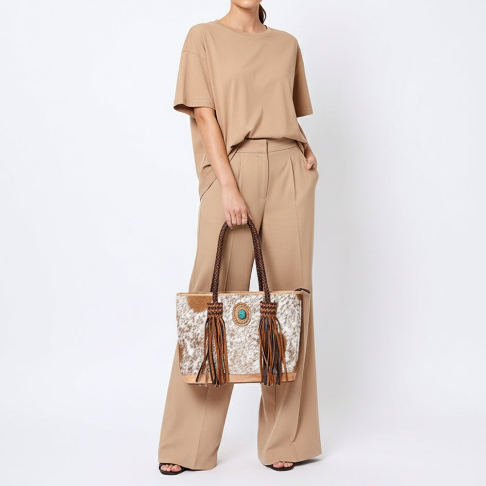 ADBGM315 Hair-On Cowhide Leather Tote - Western Fringe Bag with Turquoise Concho & Braided Handles