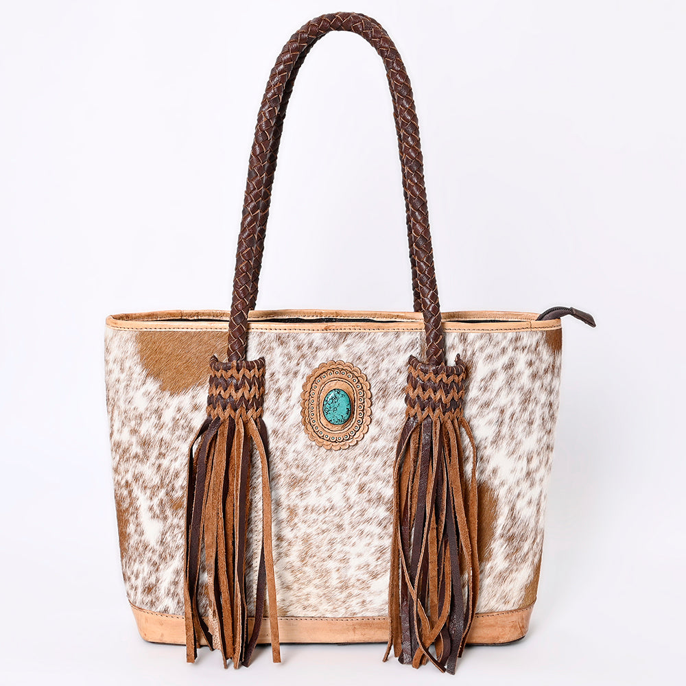ADBGM315 Hair-On Cowhide Leather Tote - Western Fringe Bag with Turquoise Concho & Braided Handles