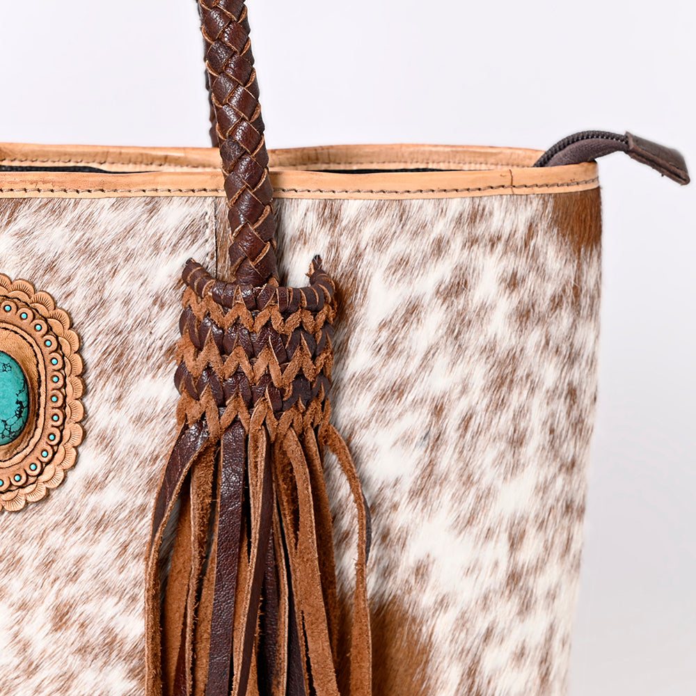 ADBGM315 Hair-On Cowhide Leather Tote - Western Fringe Bag with Turquoise Concho & Braided Handles