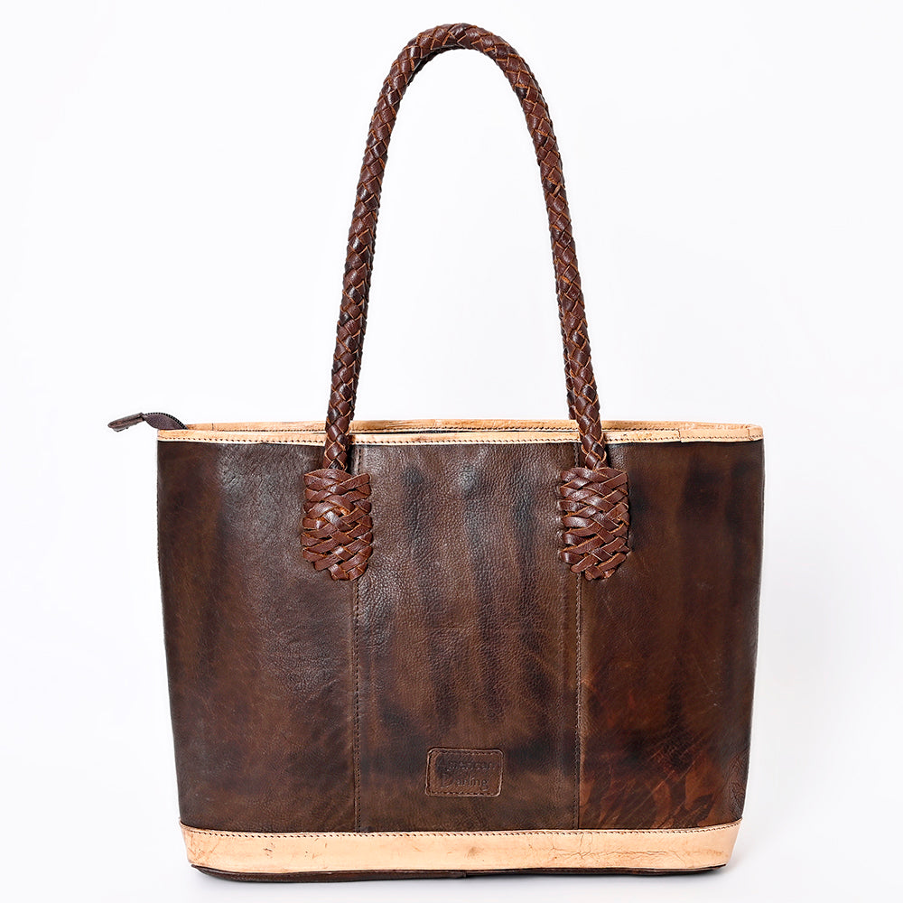 ADBGM315 Hair-On Cowhide Leather Tote - Western Fringe Bag with Turquoise Concho & Braided Handles