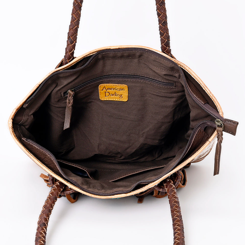 ADBGM315 Hair-On Cowhide Leather Tote - Western Fringe Bag with Turquoise Concho & Braided Handles