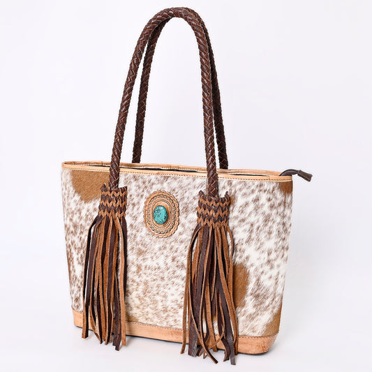 ADBGM315 Hair-On Cowhide Leather Tote - Western Fringe Bag with Turquoise Concho & Braided Handles