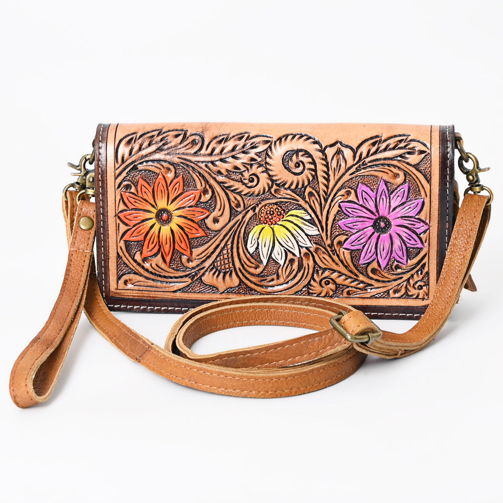 ADBGM169 Hand-Tooled Western Leather Crossbody Purse with Floral Design