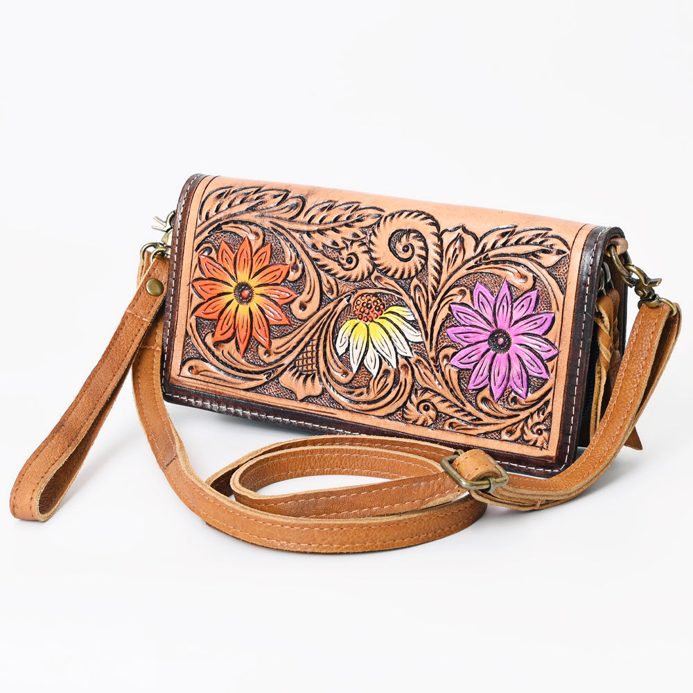 ADBGM169 Hand-Tooled Western Leather Crossbody Purse with Floral Design