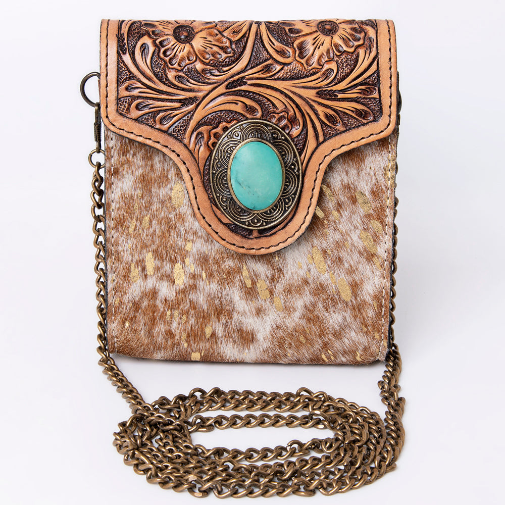 ADBG825 Mini Western Hair-On Leather Crossbody Bag with Turquoise Concho American Darling