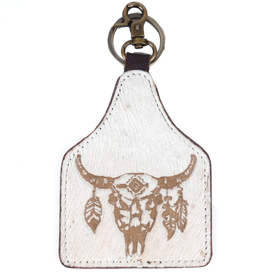 ADKRM116 Hair-On Cowhide Keyring   Tribal Bull Skull with Feathers