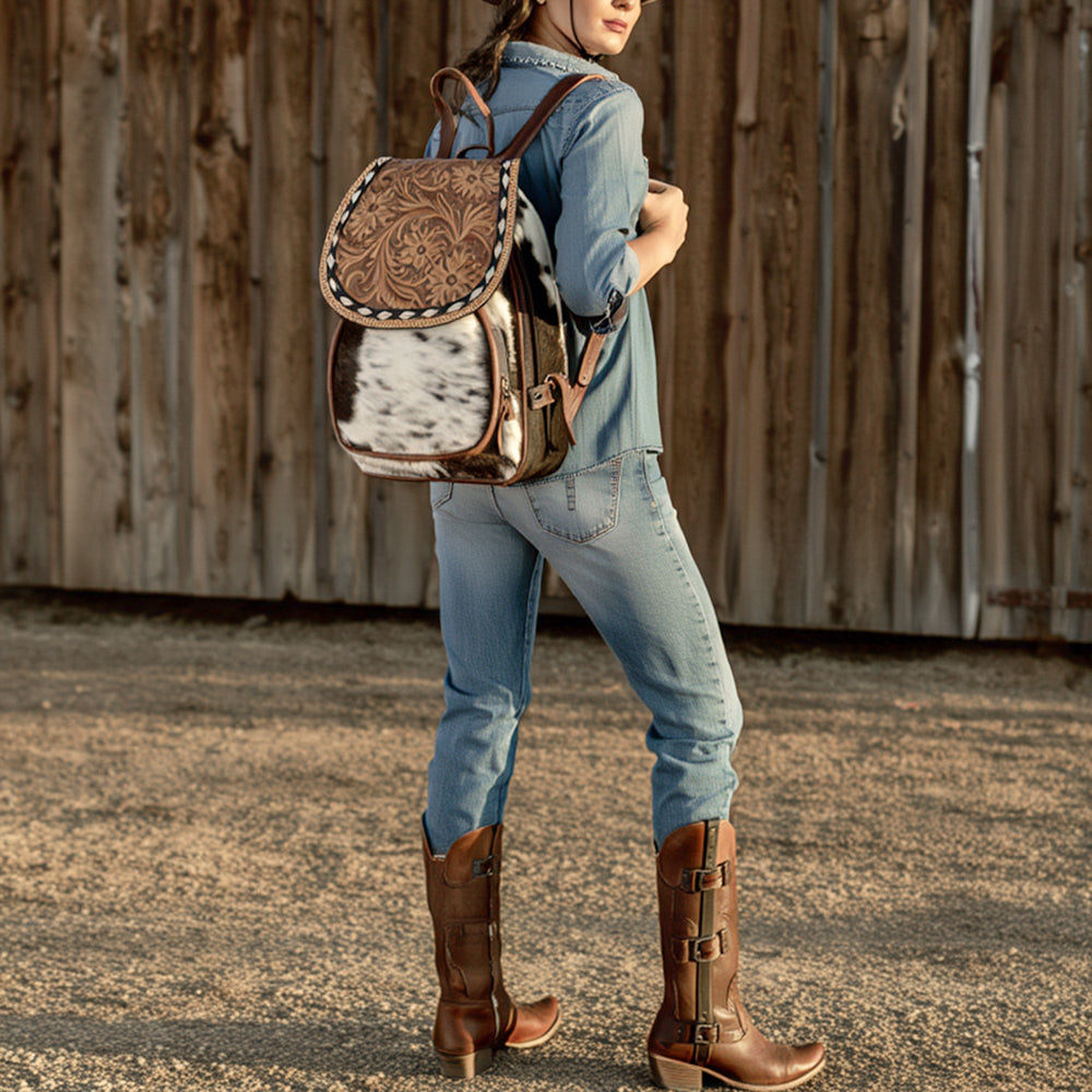 ADBG1102 American Darling Western Leather Mini Backpack with Hair-On Cowhide & Tooled Floral Flap