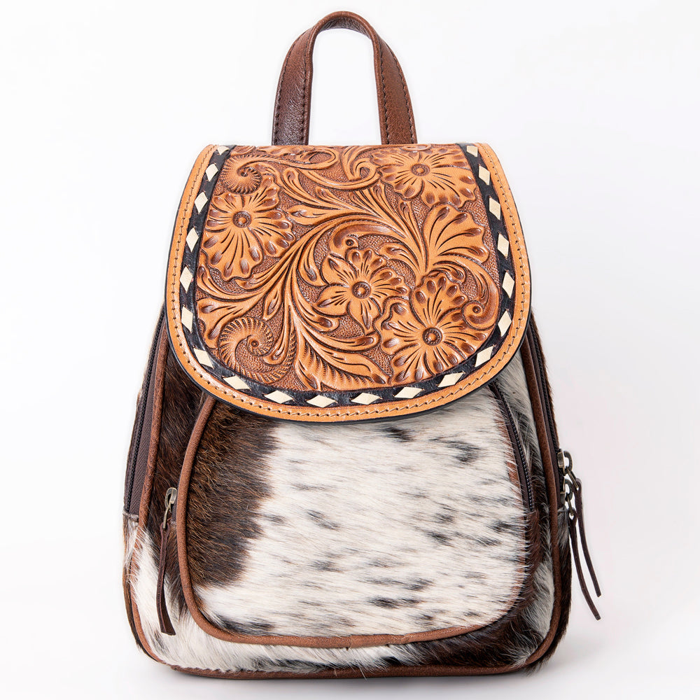 ADBG1102 American Darling Western Leather Mini Backpack with Hair-On Cowhide & Tooled Floral Flap