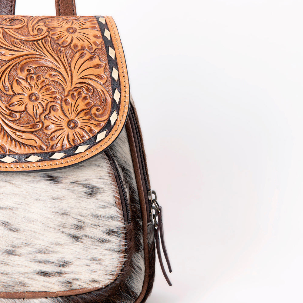 ADBG1102 American Darling Western Leather Mini Backpack with Hair-On Cowhide & Tooled Floral Flap