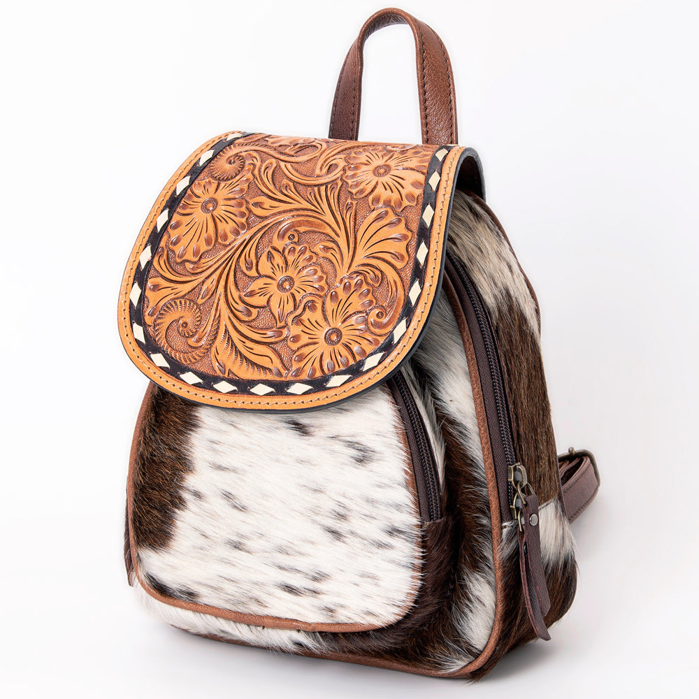 ADBG1102 American Darling Western Leather Mini Backpack with Hair-On Cowhide & Tooled Floral Flap