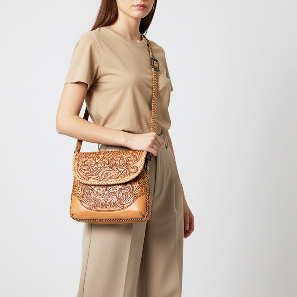 ADBG1108 American Darling Handcrafted Leather Western Crossbody Bag - Hand-Tooled Floral Carving with Genuine Leather
