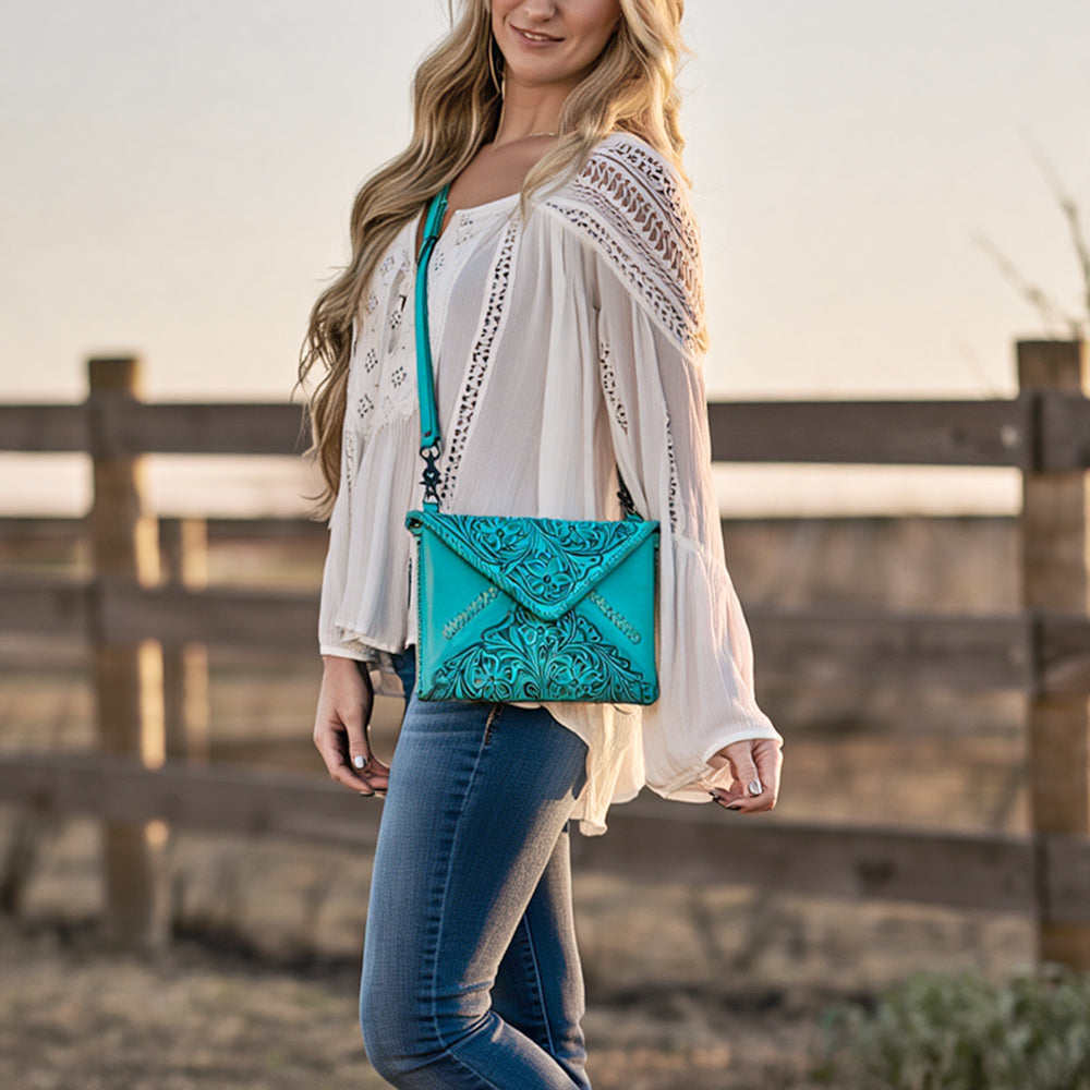 ADBG1109 American Darling Hand-Tooled Genuine Leather Western Envelope Bag - Floral Carved Crossbody