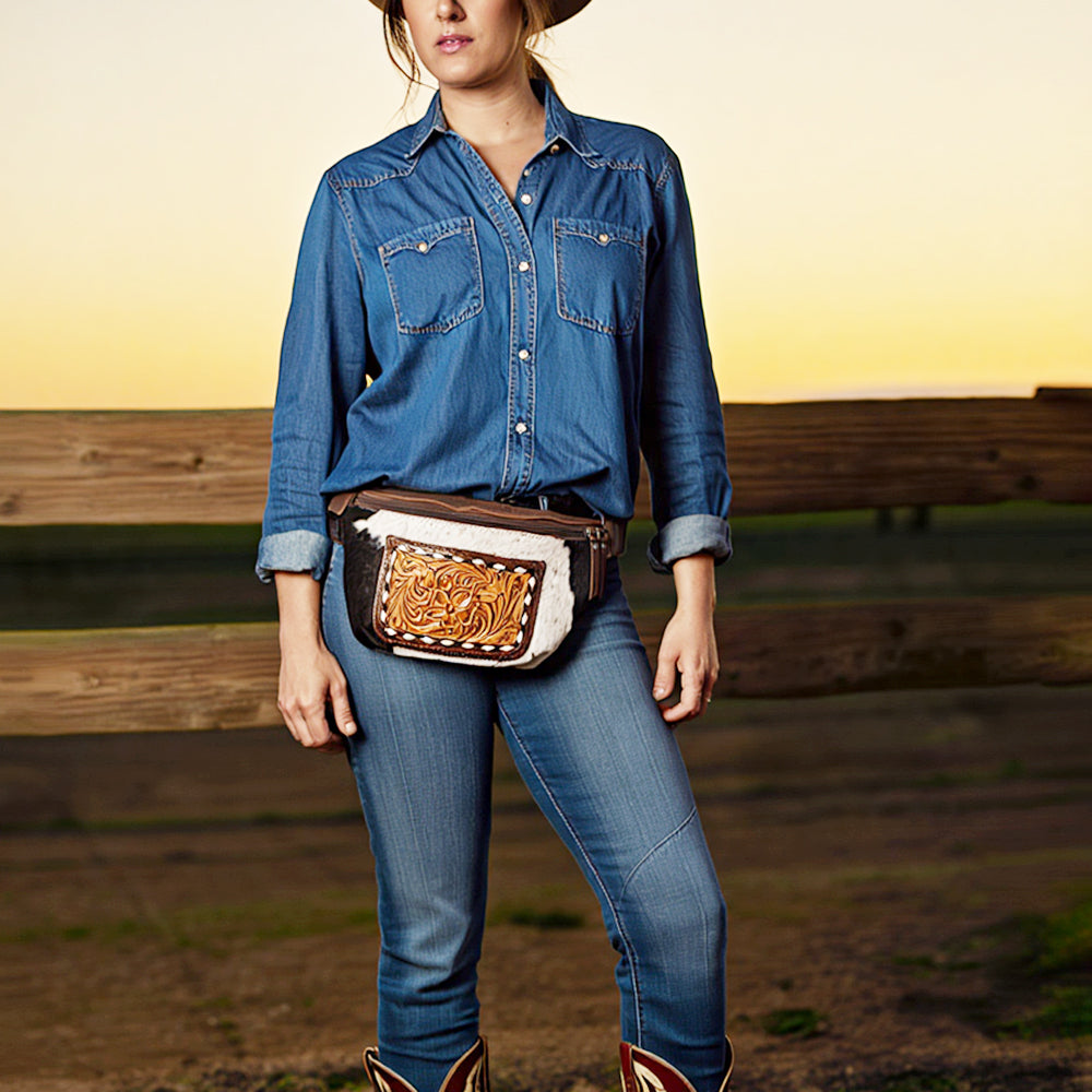 ADBG1110 American Darling Hair-On Cowhide Western Fanny Pack - Genuine Leather Hand-Tooled Belt Bag