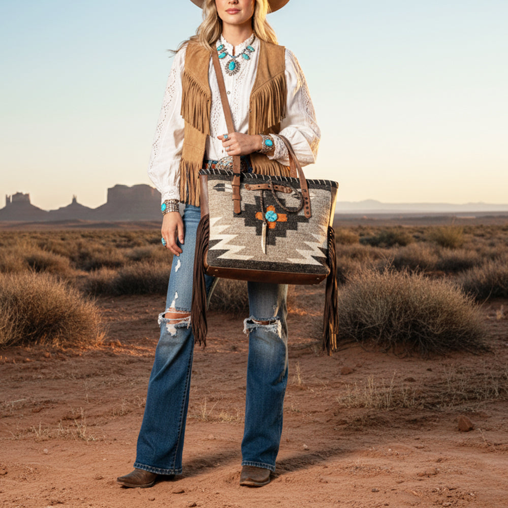 ADBG1113 American Darling Hand-Woven Saddle Blanket Western Tote Bag - Genuine Leather Fringe Purse