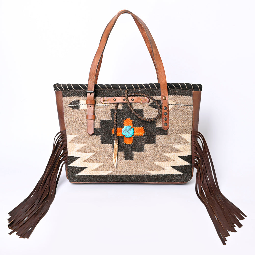 ADBG1113 American Darling Hand-Woven Saddle Blanket Western Tote Bag - Genuine Leather Fringe Purse