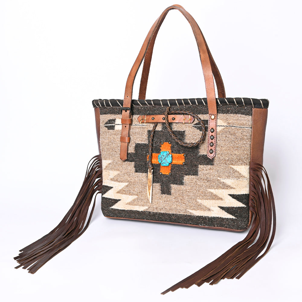 ADBG1113 American Darling Hand-Woven Saddle Blanket Western Tote Bag - Genuine Leather Fringe Purse