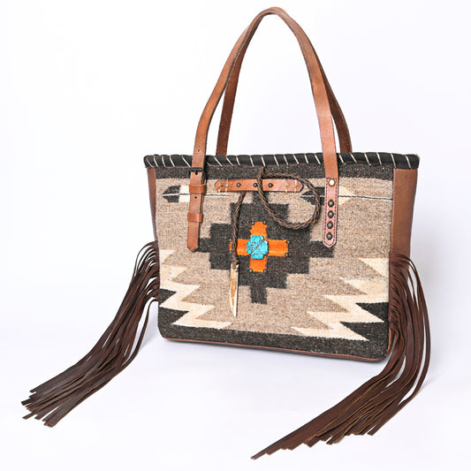 ADBG1113 American Darling Hand-Woven Saddle Blanket Western Tote Bag - Genuine Leather Fringe Purse