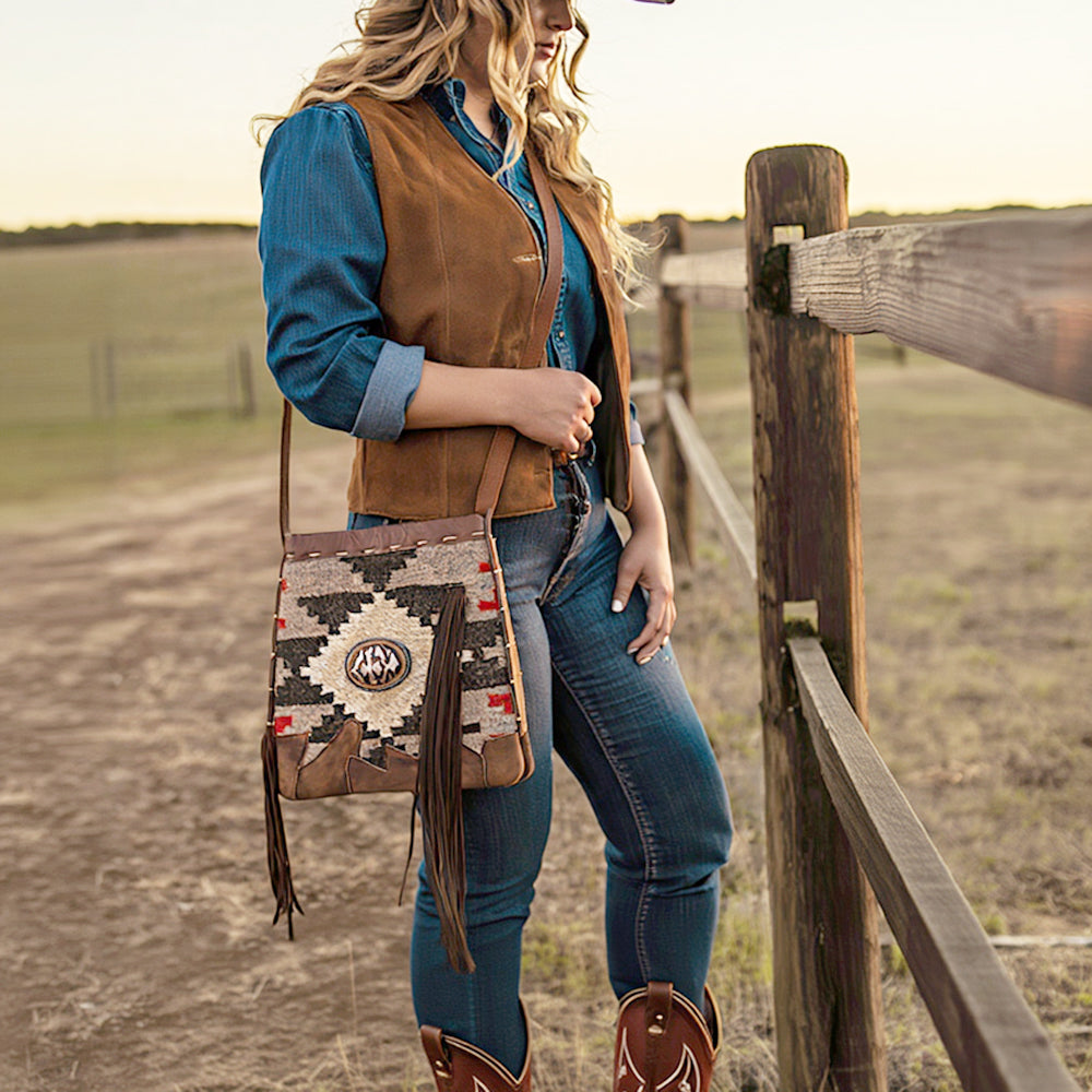 ADBG1114 American Darling Hair-On Cowhide Western Crossbody Bag - Genuine Leather Fringe Artisan Purse