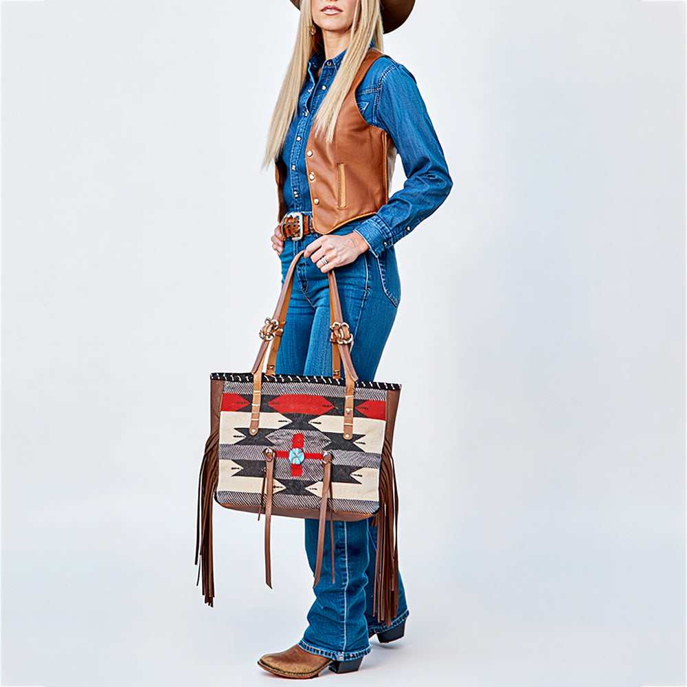 ADBG1115 American Darling Western Leather Tote Bag with Fringe & Handwoven Saddle Blanket Panel