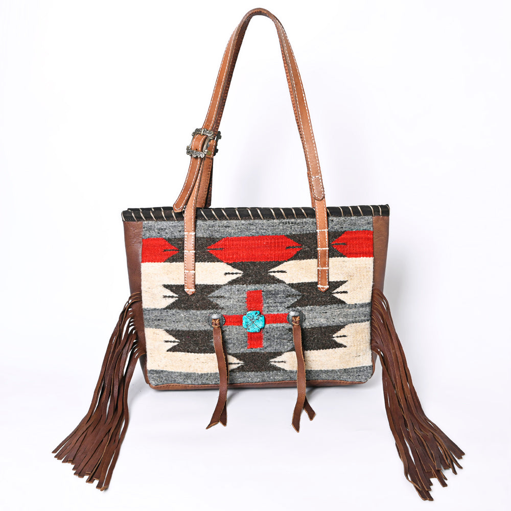 ADBG1115 American Darling Western Leather Tote Bag with Fringe & Handwoven Saddle Blanket Panel