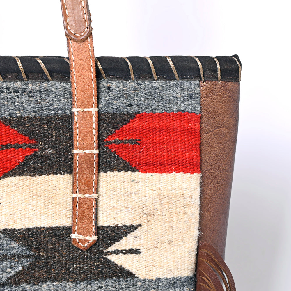 ADBG1115 American Darling Western Leather Tote Bag with Fringe & Handwoven Saddle Blanket Panel