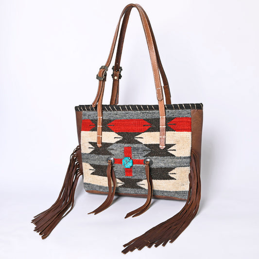 ADBG1115 American Darling Western Leather Tote Bag with Fringe & Handwoven Saddle Blanket Panel