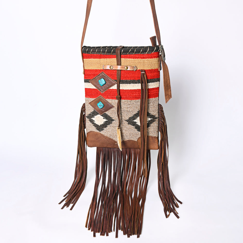 ADBG1116 American Darling Western Leather Crossbody Bag with Fringe & Handwoven Saddle Blanket