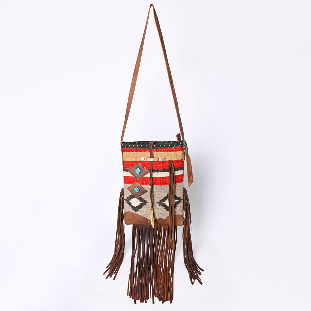 ADBG1116 American Darling Western Leather Crossbody Bag with Fringe & Handwoven Saddle Blanket